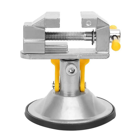 360 Degree Rotating Table Vise With Suction Cup Base For Jewelry Repair And DIY Bench Work Compact Lightweight Portable Clamp For Stable Hold And Easy Angles On Any Surface, silver vise with yellow handle and suction base