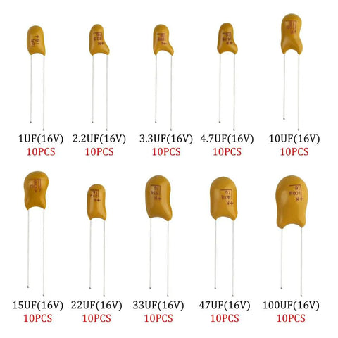 Rock Solid Tantalum Capacitor Assortment Kit Featuring One Hundred Pieces Across Ten Distinct Values Ranging From One To One Hundred Microfarads At Sixteen Volts Inside A Nifty Storage Box including various capacitor values.