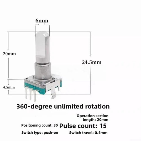 30-Position Rotary Encoder Switch With 15-Pulse Per Rotation And Integrated Push Button, showing dimensions and design