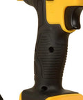 Close-up of heavy duty cordless drill handle with black rubber grip for comfort, showing key functions for woodworking and assembly.