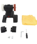 Cordless Mini Bench Grinder Compatible With 18V Battery Power And A Rock Solid Workbase, includes wheels, tool, and accessories.