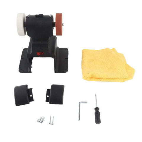 Cordless Mini Bench Grinder Compatible With 18V Battery Power And A Rock Solid Workbase, includes wheels, tool, and accessories.