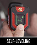Self Leveling Green Cross Line Laser With Projected Measuring Marks For Quick Precise Layouts Up To 65 Feet A Handy DIY And Pro Tool Red Black LL932401 being held