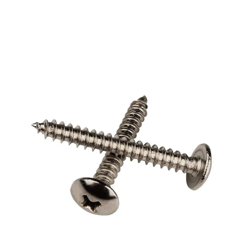 50 Piece Lot M4 X 20 Millimeter Phillips Cross Recessed Self Tapping Screws With Round Mushroom Pan Heads lying crosswise, showing steel material and design.
