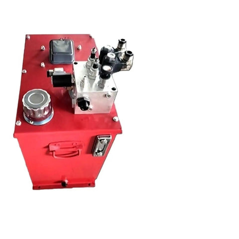 Rock Solid Silent Oil Immersed Hydraulic Pump Station And Compact Power Unit For Home Elevator Or Small Hydraulic Press With Shop Grade Valves And Butter Smooth Performance, red steel unit with assorted hydraulic connections.