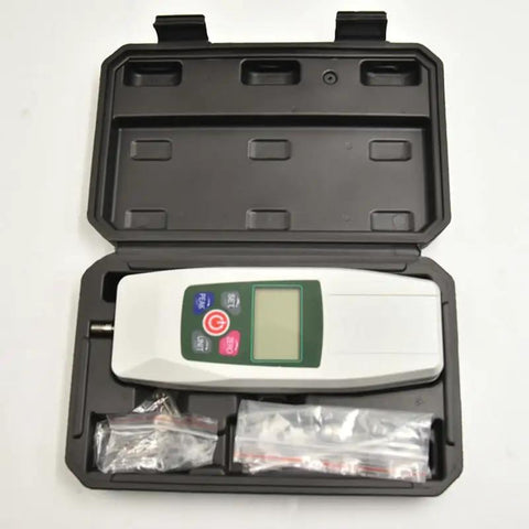 Heavy Duty Digital Push Pull Force Gauge Featuring Precision Handheld Dynamometer For Real Time Load Testing With 300 Newton Capacity Plus Plug And Play Setup and included accessories in storage case.