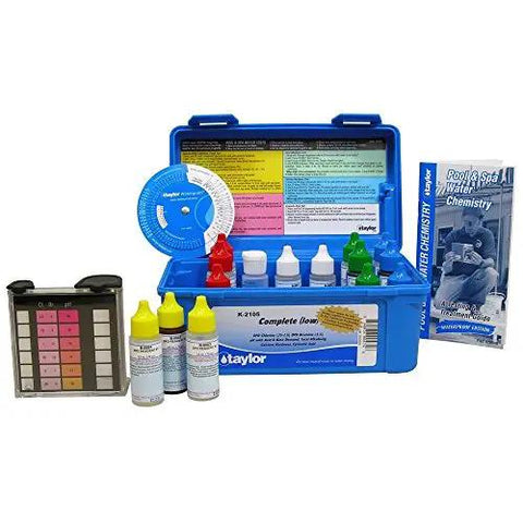 Pro Grade Low Range Pool And Spa Test Kit Engineered For Commercial Water Analysis With Hella Precise Reagent Formula delivering precise testing supplies in a blue case.