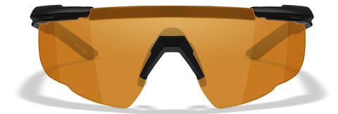 Badass Tactical Shooting Safety Glasses With Interchangeable Lenses, matte black frame, orange lenses, front view.