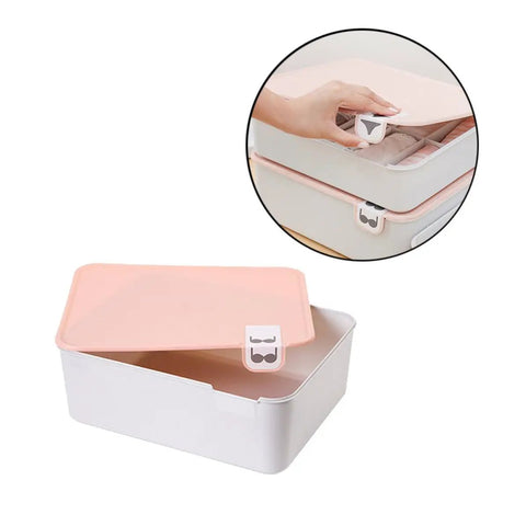 Pink Plastic Underwear Storage Box With Marked Lid For Under Bed Closet Drawer Organization Hella Tough Polypropylene Bin open, showing contents.