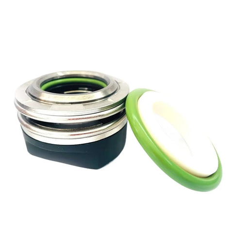 Heavy Duty Mechanical Shaft Seals For Industrial Pumps Plug And Play Drop In Replacement Stainless Steel Construction showing the seal assembly with green and black components.
