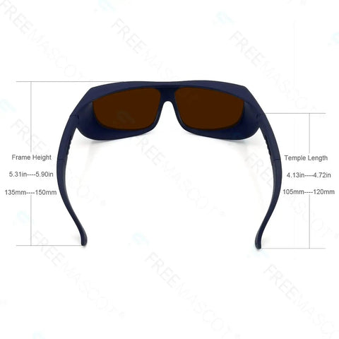 Heavy Duty Laser Safety Glasses Featuring Kickass Optical Density Six Plus Shielding For Blue Violet Green And Infrared Ranges Offering Top Shelf Impact Resistance And Tight Fit, back view showcasing frame dimensions.