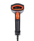 Front view USB Handheld 1D 2D Barcode Scanner With QR Code Reader And Auxiliary Lighting, black and orange, wired USB, IP54 rated.