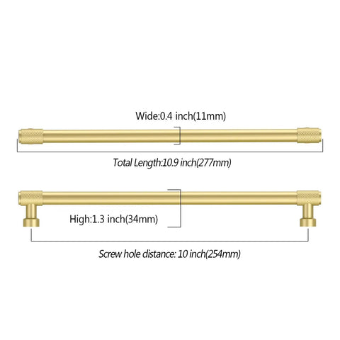 Heavy Duty Brushed Gold Knurled Cabinet Pulls 10 Inch Hole Center Handle Set Slick Kitchen Drawer Hardware dimensions shown