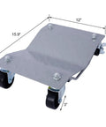 Four Piece Heavy Duty Car Wheel Dollies Rock Solid Steel Vehicle Movers Built Tough For No Sweat Garage Hauls Featuring Anti Skid Grips And Real Deal Six Thousand Lbs Total Load Capacity, showing a 12" x 15.9" steel dolly with wheels.