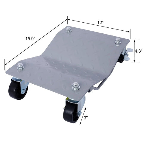 Four Piece Heavy Duty Car Wheel Dollies Rock Solid Steel Vehicle Movers Built Tough For No Sweat Garage Hauls Featuring Anti Skid Grips And Real Deal Six Thousand Lbs Total Load Capacity, showing a 12" x 15.9" steel dolly with wheels.