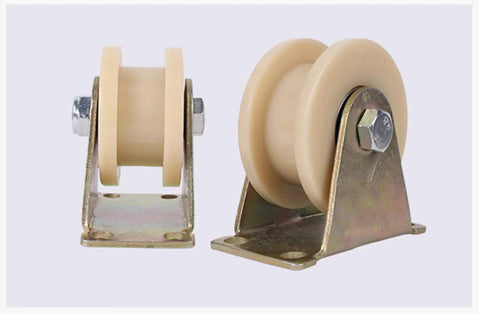 Two Piece Heavy Duty Nylon Pulley Roller Set With Double Ball Bearing Runs Slick H Groove Design Built Tough Track Wheel And Directional Sheave For Square Tube Systems 100 Millimeters, showcasing cream nylon wheels on metallic brackets.