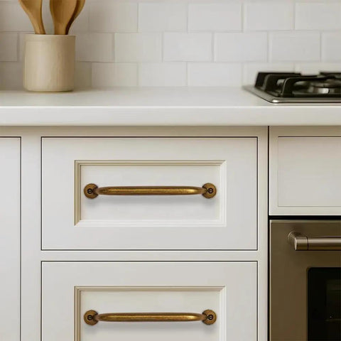 10 Pack 3 Inch Center To Center Antique Brass Vintage Cabinet Pulls Heavy Duty Solid Zinc Alloy Drawer Handles For Kitchen And Bathroom Vanity Old World Look Badass Style Upgrade on white cabinet.