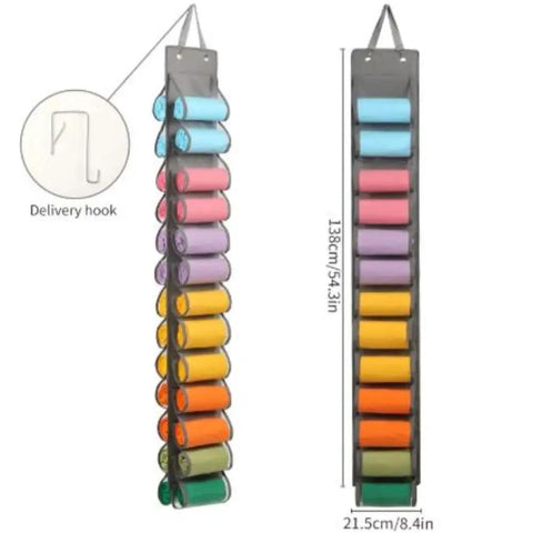 Top Tier Hanging Closet Organizer With Twenty Six Pockets For Leggings And Tees Plus Double Sided Oxford Fabric Rack, dimensions shown.