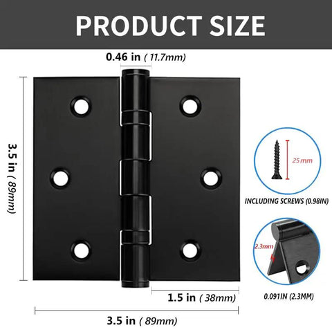 Top Shelf Black Three Point Five Inch Stainless Steel Door Hinges Built Tough showing dimensions and detail for installation.