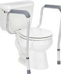 Rock Solid Aluminum Foldable Toilet Safety Rail With Sweet Comfort Handles Quick Height Adjustments Universal Fit For Standard Or Raised Seats installed on toilet.