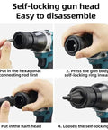 Heavy Duty Brushless Cordless Rivet Gun With Rock Solid 5200 Mah Battery And Bright Led Work Light disassembly steps shown.