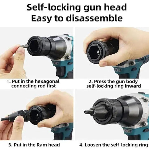 Heavy Duty Brushless Cordless Rivet Gun With Rock Solid 5200 Mah Battery And Bright Led Work Light disassembly steps shown.