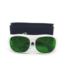 Professional Laser Safety Glasses For Semiconductor And Fiber Lasers 1350Nm 1550Nm 1610Nm Od4Plus Eye Shields with white frame and green lenses.