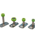 Top Shelf Nylon Sliding Door Pulley Guide Wheel With Bottom Track Pendulum Stopper Crafted For Dead Silent Glides And Stick Free Room Divider Install D13mm, set of four green nylon guide wheels on silver metal bases.