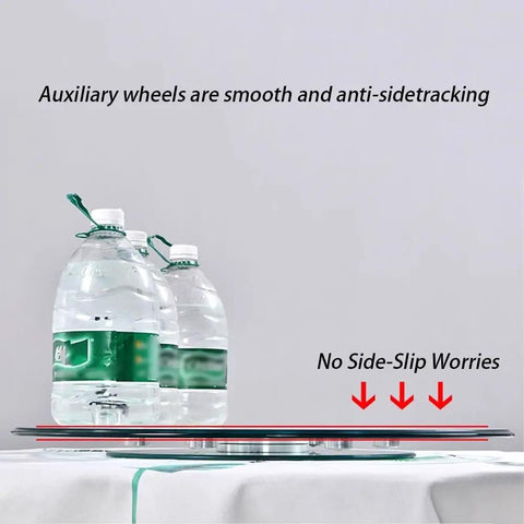 Glass Lazy Susan Turntable For Kitchen And Dining Table Featuring A Smooth Operator Spin with bottles on anti-slip base.