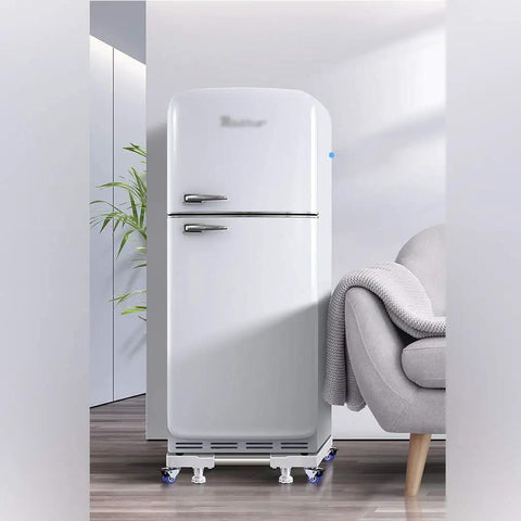 Heavy Duty Adjustable Appliance Roller Base With Universal Locking Casters For Washer Dryer Fridge under a white fridge with smooth moving sliders.
