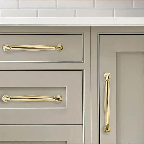 10 Pack Polished Brass Cabinet Pulls Heavy Duty Solid Hardware 5 Inch Center to Center Handles for Dressers Drawers Cupboards Gold Finish on grey cabinets