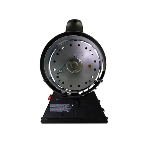 Front view of Portable 125000 BTU Propane Forced Air Heater for construction sites with 10 feet hose, regulator, and quiet burner technology.