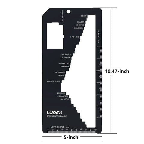 Heavy Duty Ammunition Chamber Length Gauge For Accurate Cartridge Brass Measurement And Rock Solid Reloading Setup Handles Up To Seventy Popular Calibers Keeping Your Range Work Sharp, 5x10.47 inch black gauge with metric scale.