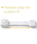Outsmart All-Purpose Multi-Use Strap Four Pack White Kidproof Locking Straps For Cabinets Doors Drawers displayed flat