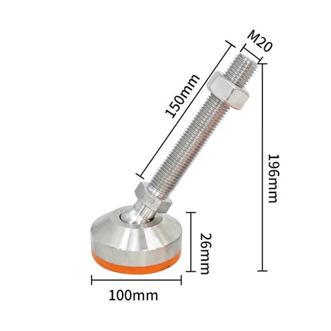 Rock Solid 304 Stainless Steel Adjustable Leveling Feet With 360 Degree Swivel And Thick Yellow Rubber Pads For Heavy Duty Workbenches Machinery And Cabinets Keeps Things Square Without The Wobble Four Pack For Quick Level Install, showing dimensions and details of leveling foot.