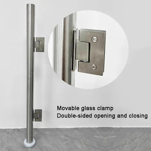 Rock Solid Heavy Duty Metal Swing Safety Gate showcasing movable glass clamp for double-sided opening, sturdy stainless steel construction.