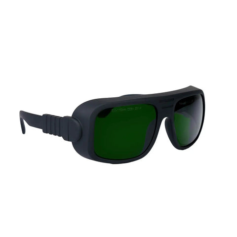 Straight Up Heavy Duty Laser Safety Glasses For Welding With German Bayer Frame And OD8Plus Anti Glare Lens side view with green lenses.