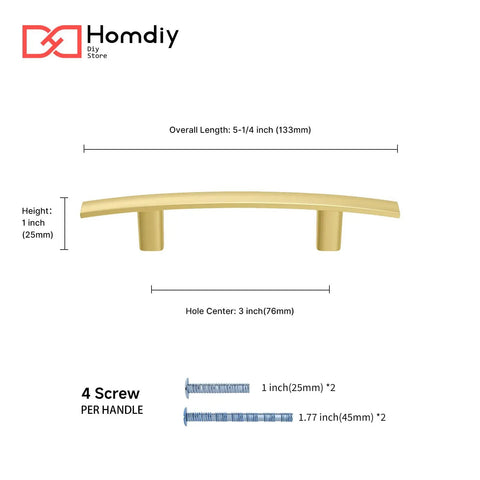 Top Shelf Brushed Gold Cabinet Pulls In A Twenty Pack Featuring Killer Arched Handles With Hassle Free Mounting And Hefty Zinc Build Measuring 3 Inch Center To Center For Kitchen Or Bedroom Drawers, 5-1/4 inch length.