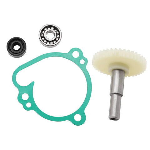 Top Shelf Water Pump Rebuild Kit Featuring Impeller Shaft Gear Bearing And Seal Gasket for Kawasaki KX motocross engines.