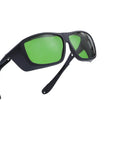 Top Shelf Dental Laser Safety Glasses Featuring Low Green Tint And Heavy Duty High Od Shielding Ultra Lightweight Protective Gear angled view showcasing durable black polycarbonate frame.