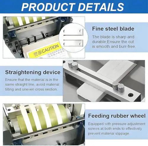 Product details of Automatic Heat Shrink And Fiberglass Tube Cutter Uses Cold Cutting Design For Hassle Free Precision Cuts showing fine steel blade, straightening device, and feeding rubber wheel.