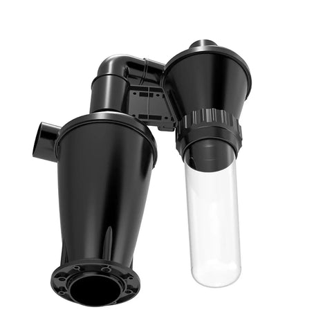 Pro Grade Dual Filtration Cyclone Dust Collector With Turbocharged Woodworking Filter, black canister with clear tube.