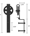 Premium Heavy-Duty Sliding Barn Door Hardware Kit With Oversized Rollers For Double Doors includes detailed measurements of black hardware components.