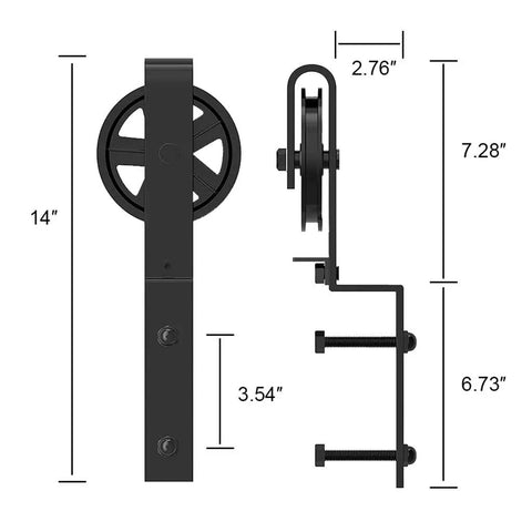 Modern Built Tough Double Sliding Barn Door Hardware Kit In Matte Black features oversized bearing wheels, dimensions, and steel track detail.