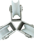 Kickass Heavy Duty Sliding Gate Wheels Featuring Stainless Steel Grooved Track Rollers And Durable Nylon Bearings For Hella Smooth Quiet Operation Built Tough To Handle Daily Grind close-up of three rollers, stainless steel frames, nylon wheels.