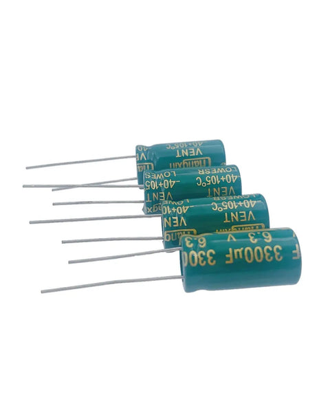 Built Tough Aluminum Electrolytic Capacitors 3300uf 6.3v 10x20mm 20 Pack arranged with radial leads for electronics repairs.