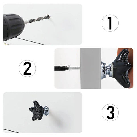 Upgrade Your Cabinets With These Badass Black Starfish Drawer Knobs Coastal Ceramic Cabinet Handles installation steps showing drill, handle attachment, and final look.