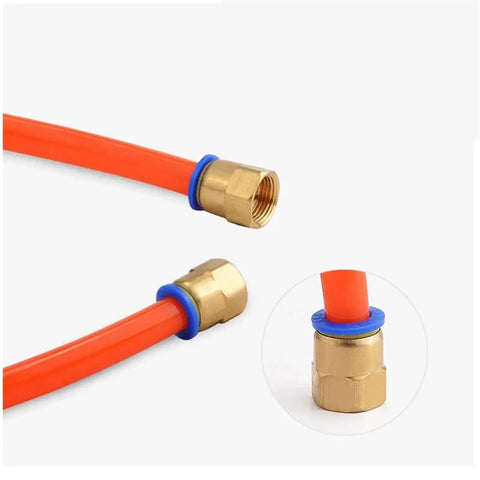 Close-up of brass quick pipe fitting with hose for 100 Piece Pneumatic Air Connector Set Brass Quick Pipe Fittings.