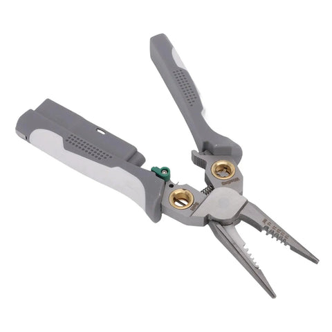 8 In 1 Heavy Duty Wire Stripper Pliers With Integrated Voltage Tester For Electricians Crimping Cutting Twisting And Short Circuit Testing Essential Electrical Tool, gray handles, steel plier jaws.