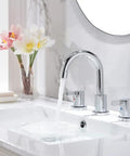 Chrome Finish Widespread Bathroom Sink Faucet With 8 Inch Spread For 3 Hole Vanities, running water and flowers in background